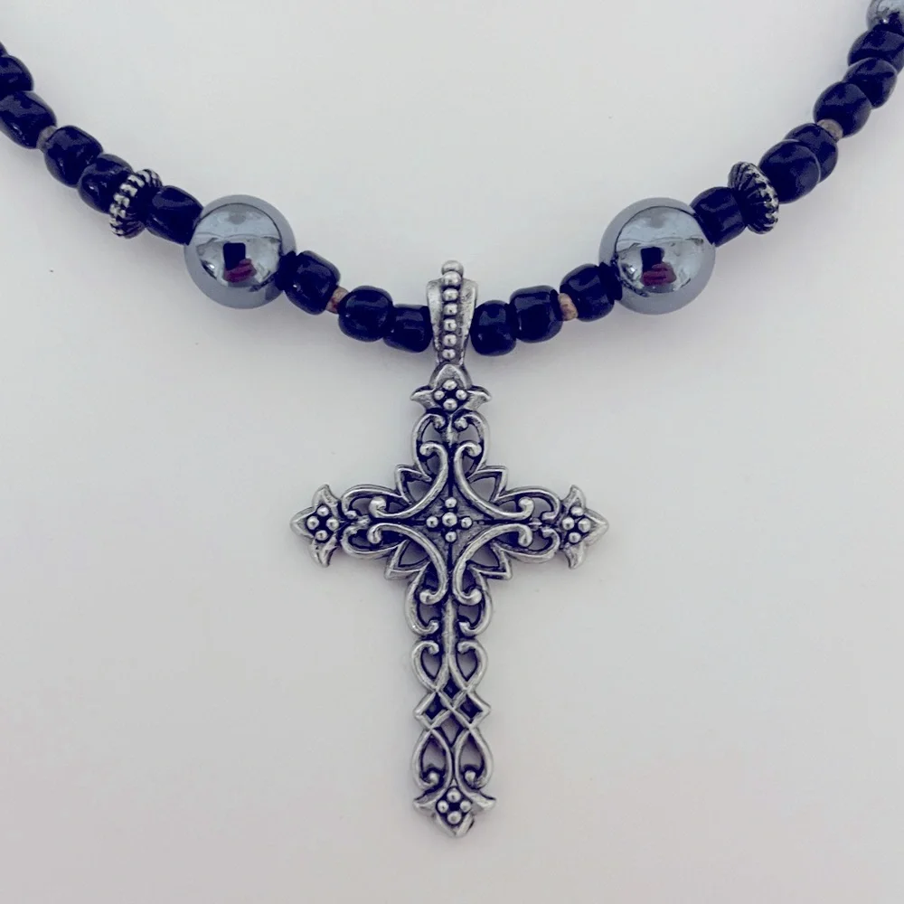 ARTISAN Womens Black Semi Precious Beads and Filigree Cross Pendant Necklace